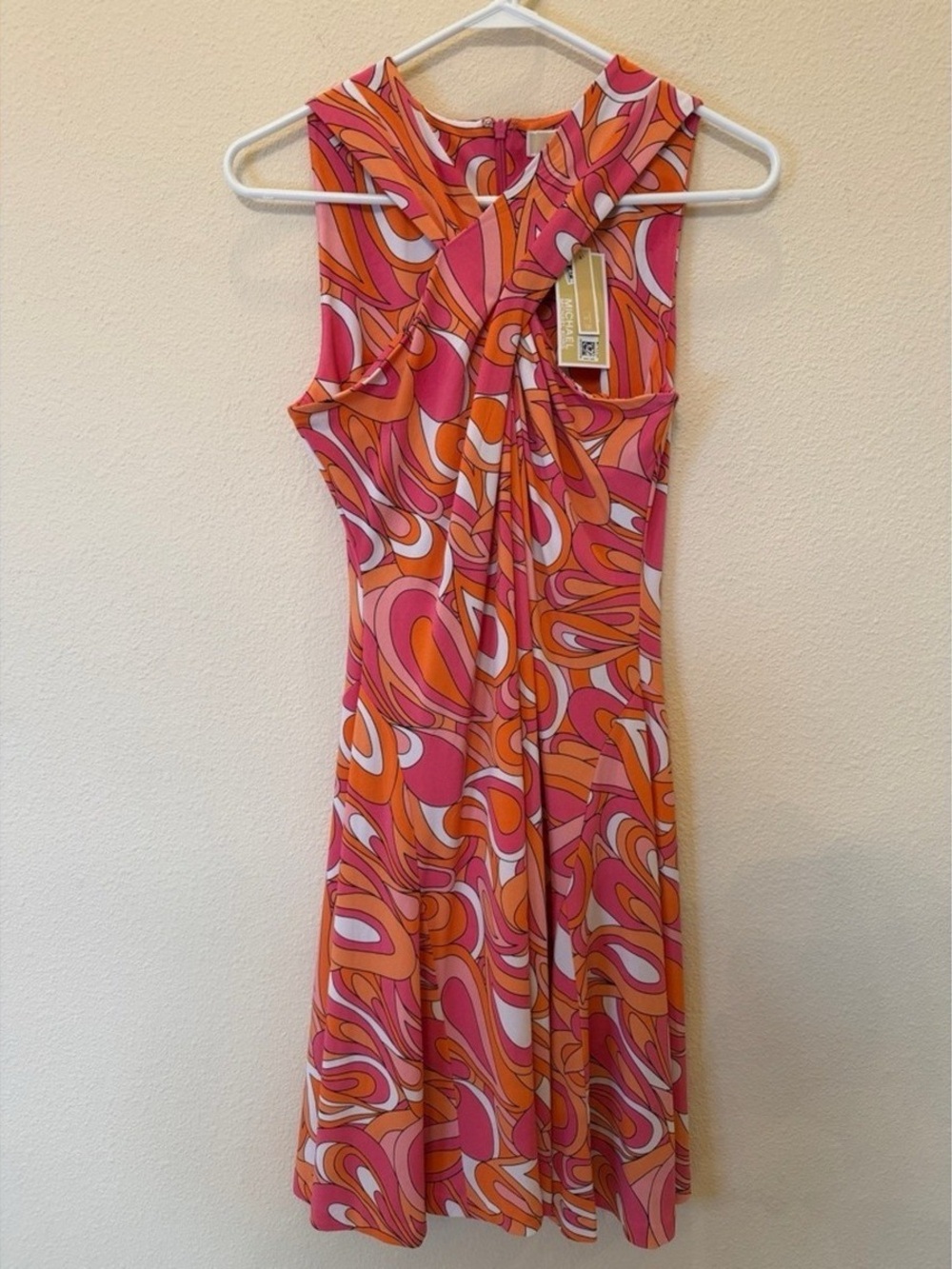 Michael Kors Pink & Orange Retro Midi Dress with Twist Detail